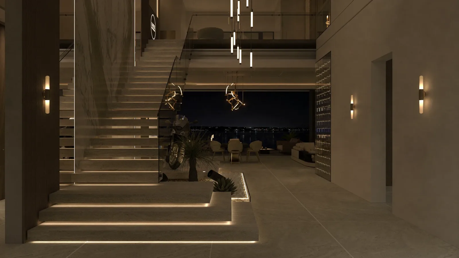 A warm, layered interior illuminated at night.